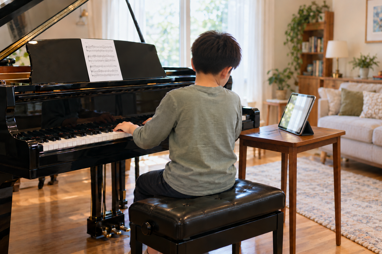 自宅のピアノと、横に置いたタブレットでオンラインレッスンを受ける子どものイメージ